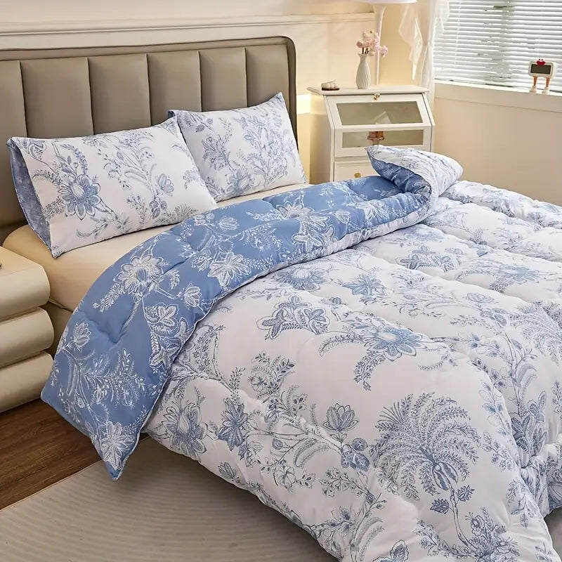 Couverture Réversible Toutes Saisons – Motif Floral Bleu & Blanc