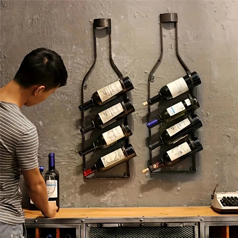 Étagère à Vin Murale Vintage en Bronze – 4 Bouteilles