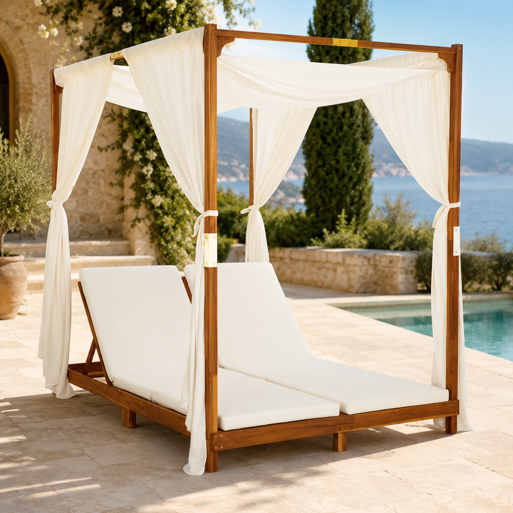 Bain de soleil double en bois avec rideaux