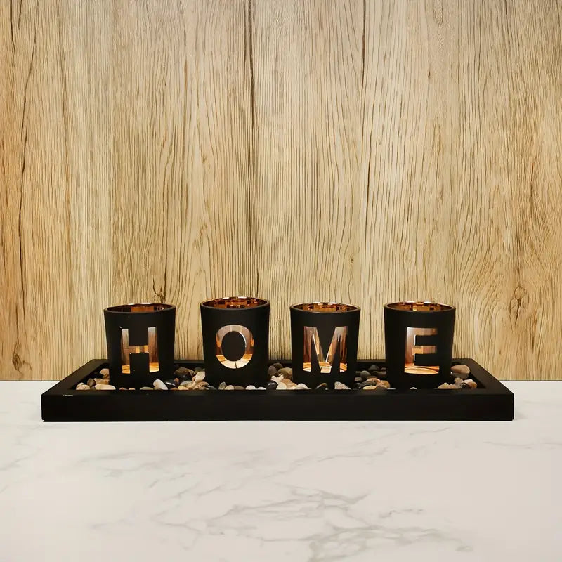 Decorative Candle Holder Set - Wooden Tray with Glass Candle Holder, Creative Design with Letters
