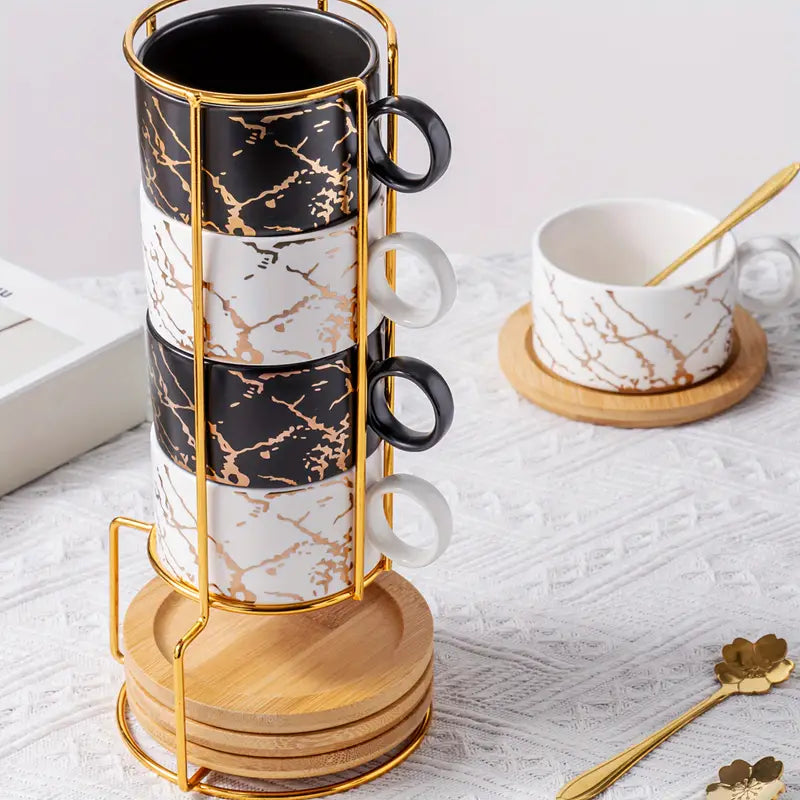 Ensemble de 4 Tasses à Café en Céramique – Design Marbre