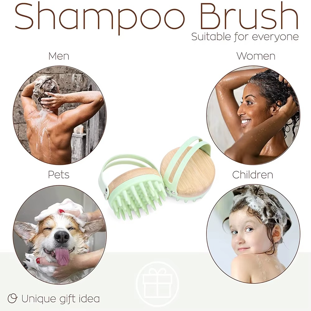 Brosse de Massage 2 en 1 – Bois & Silicone | Peigne Shampoing Antistress, Masseur Tête & Corps