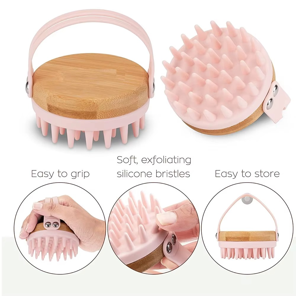 Brosse de Massage 2 en 1 – Bois & Silicone | Peigne Shampoing Antistress, Masseur Tête & Corps