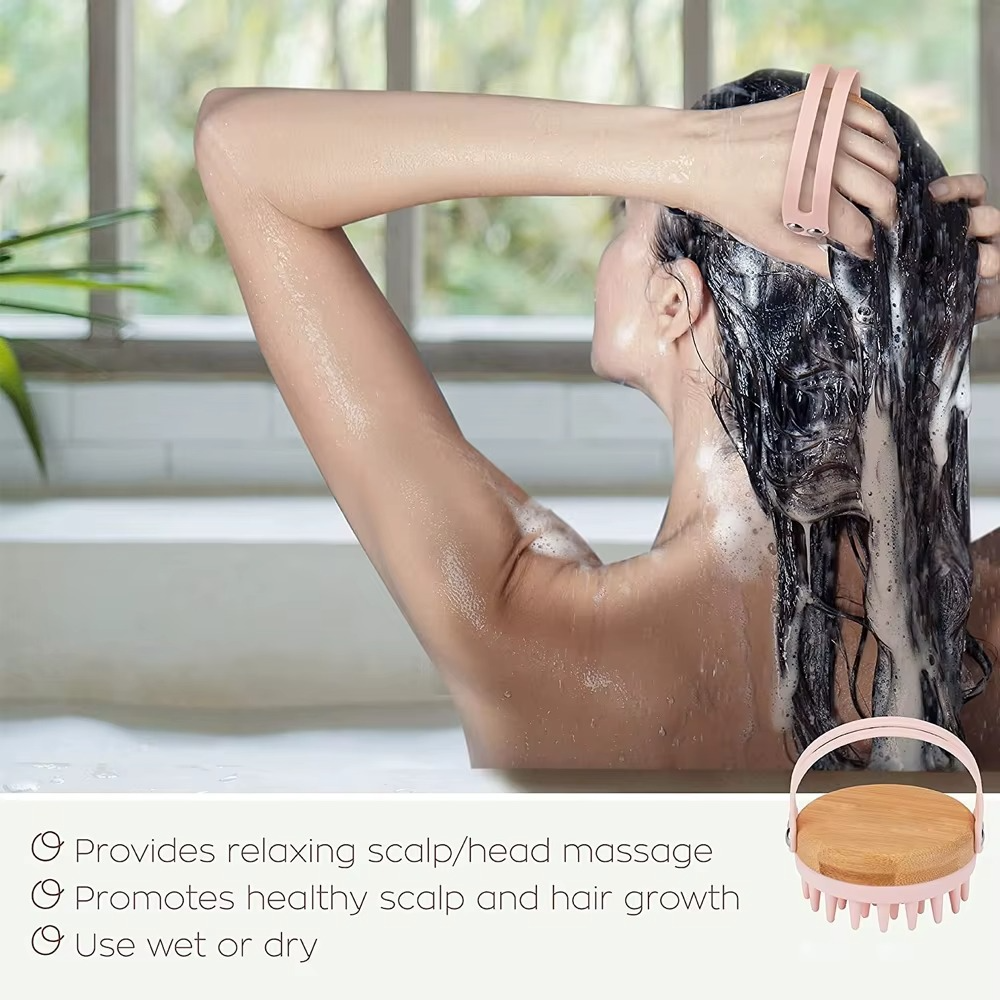 Brosse de Massage 2 en 1 – Bois & Silicone | Peigne Shampoing Antistress, Masseur Tête & Corps