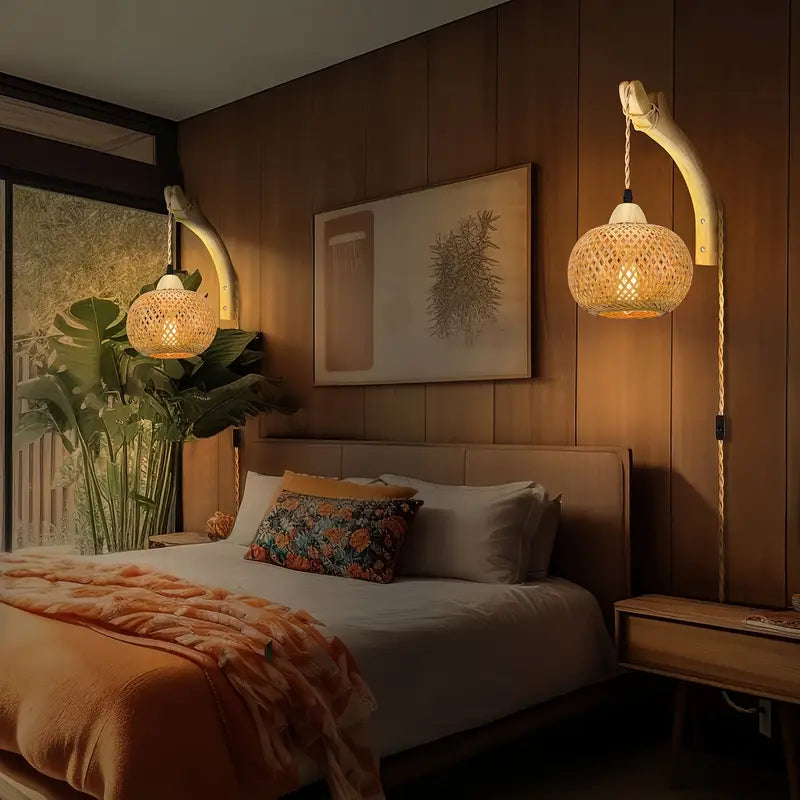 Applique Murale Lanterne en Bambou Tissé