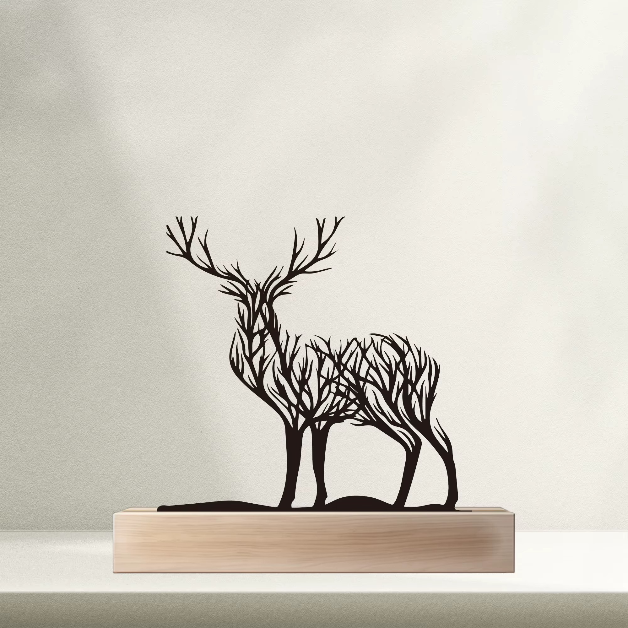 Statue Minimaliste en Fer – Cerf avec Base en Bois