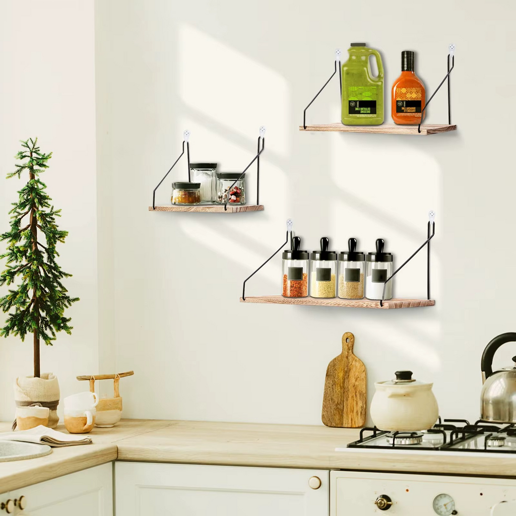 Étagères Murales Flottantes en Bois – Style Rustique Bohème