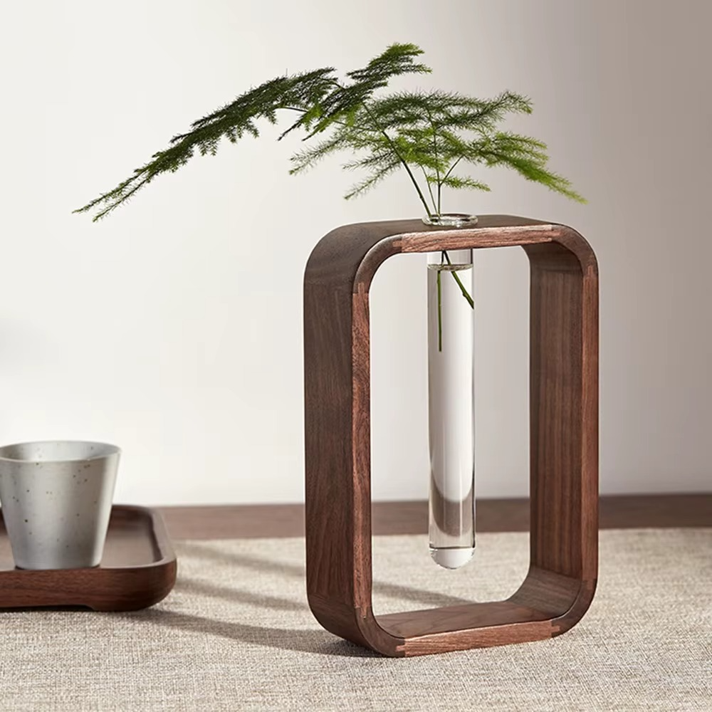 Plante Hydroponique en Verre avec Support Rectangulaire en Bois Massif – Décoration Rétro