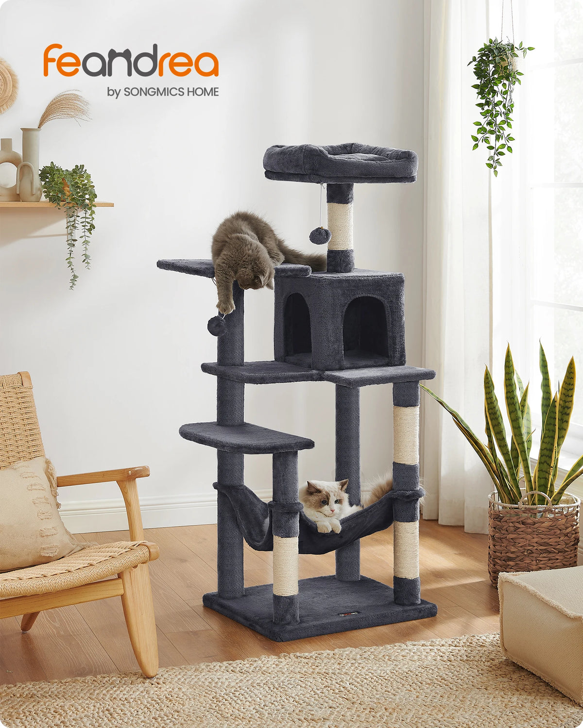Arbre à chat FEANDREA 143 cm à plusieurs niveaux avec griffoirs