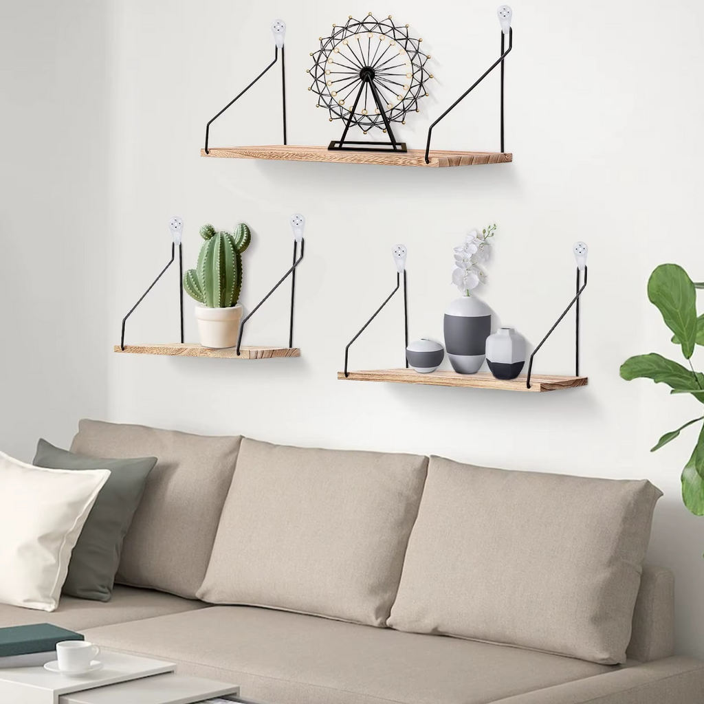 Étagères Murales Flottantes en Bois – Style Rustique Bohème