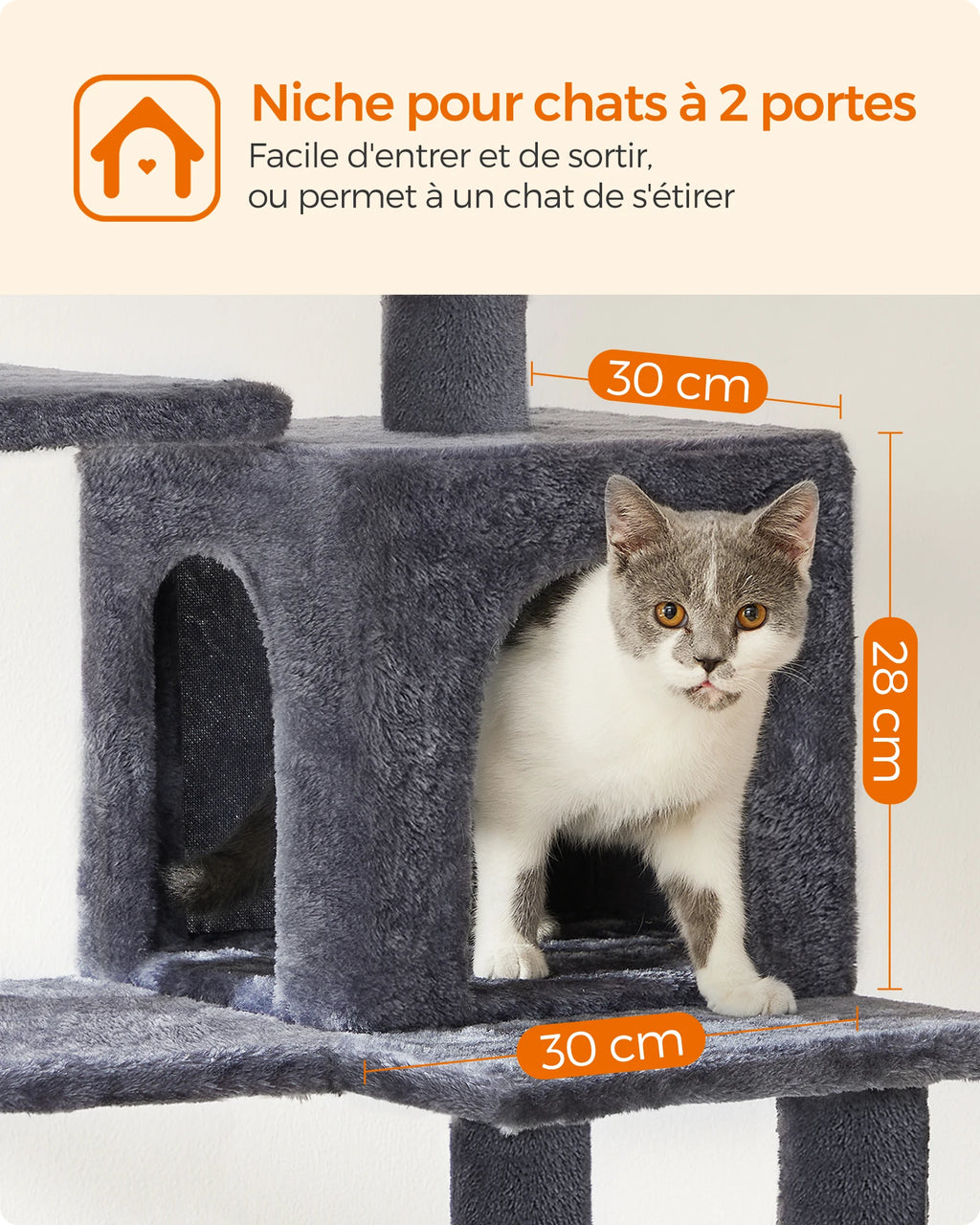 Arbre à chat FEANDREA 143 cm – 2 perchoirs, niche et griffoirs
