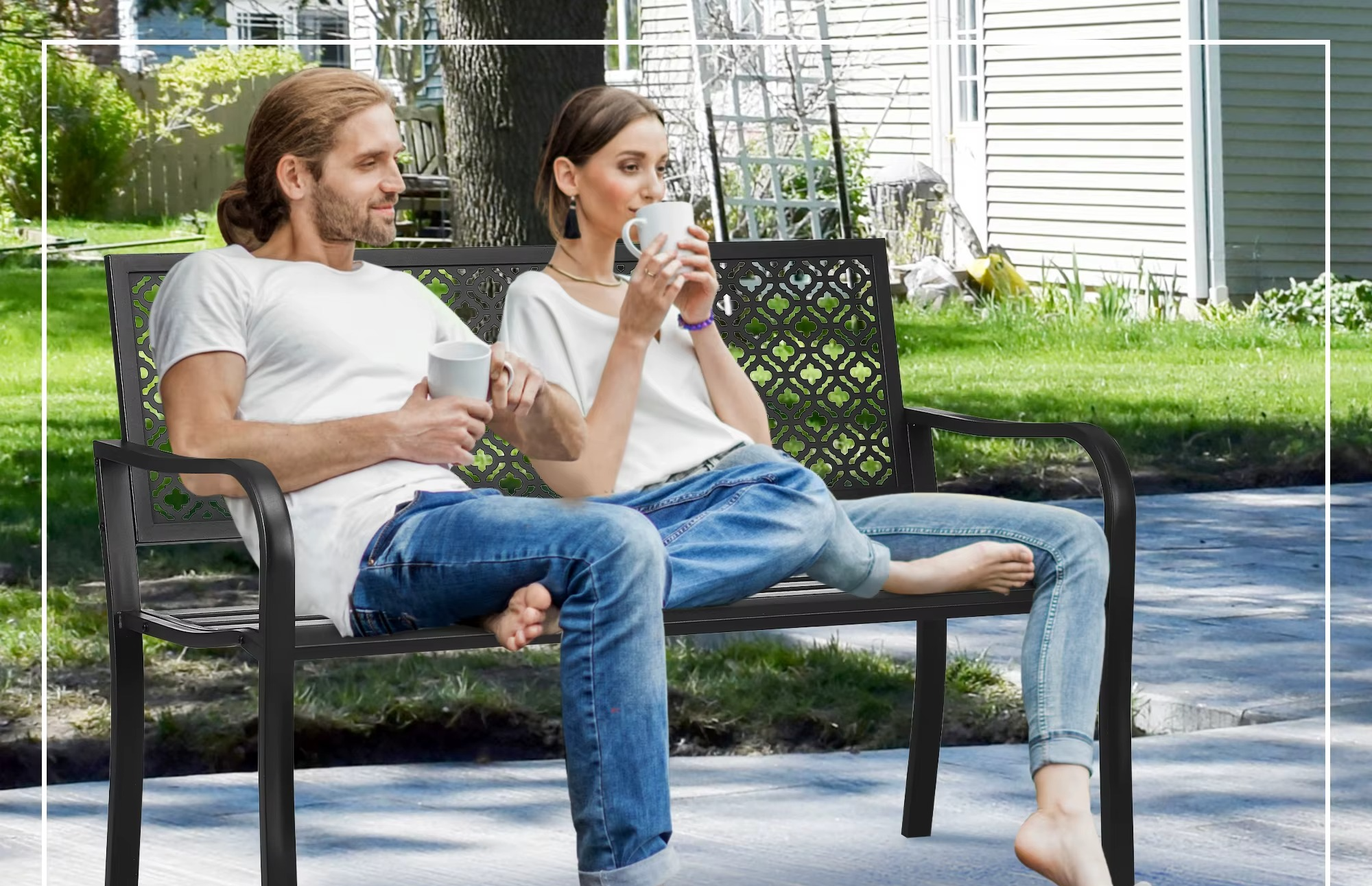 Banc de Jardin en Acier Outsunny avec Dossier Décoratif