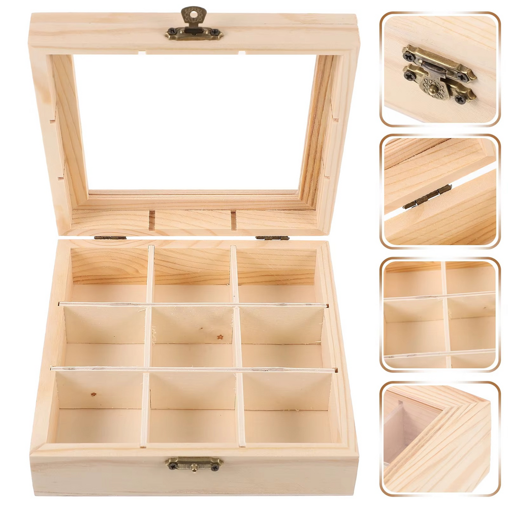 Boîte de Rangement en Bois avec Fenêtre - Organisateur pour Sachets de Thé, Bonbons, Collations et Accessoires