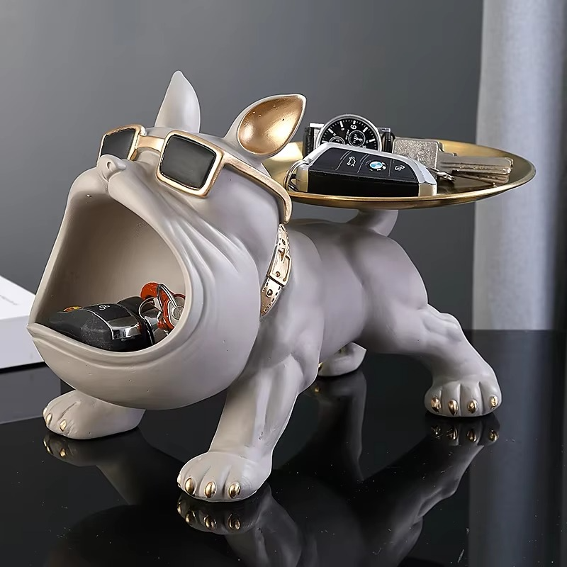 Figurine Bouledogue Décorative en Résine avec Boîte de Rangement