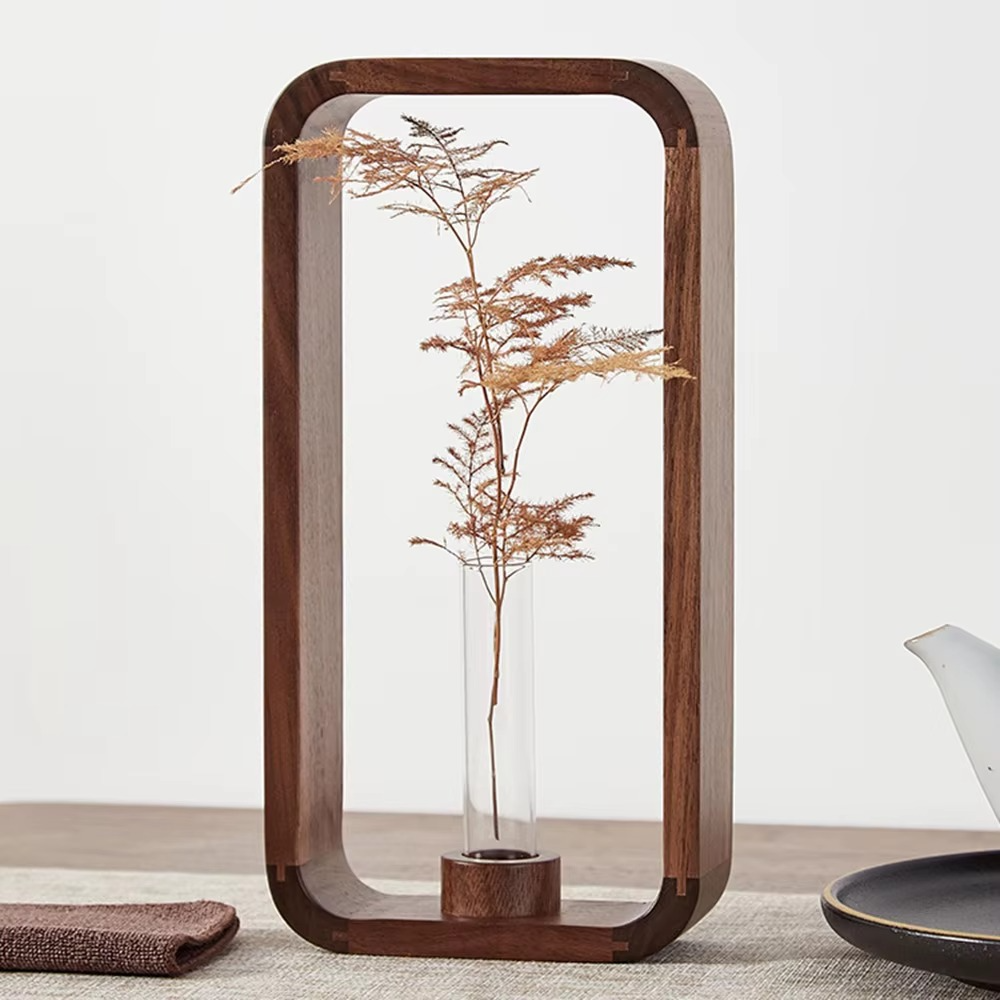 Plante Hydroponique en Verre avec Support Rectangulaire en Bois Massif – Décoration Rétro