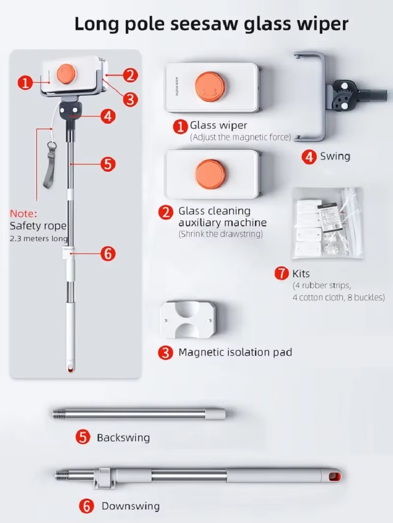 Brosse à Verre Magnétique Double Face avec Tige Télescopique