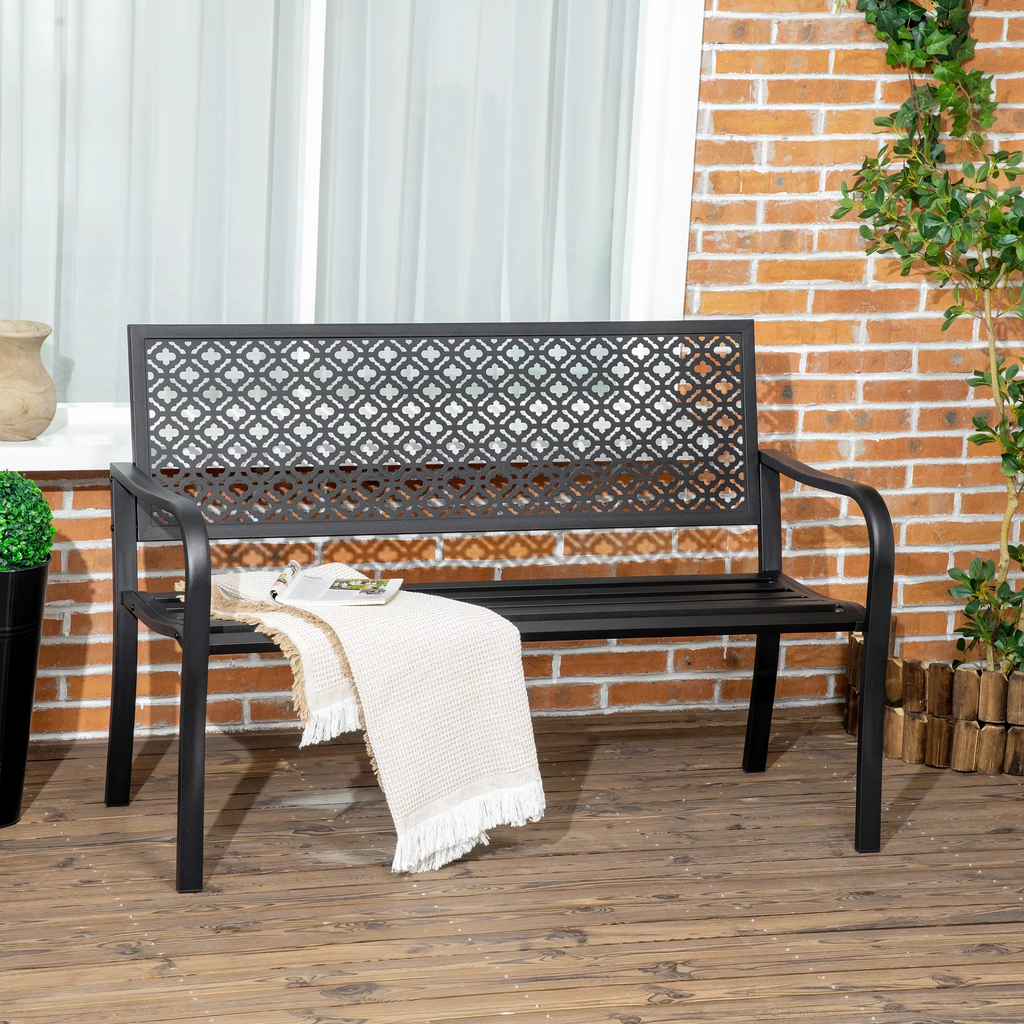 Banc de Jardin en Acier Outsunny avec Dossier Décoratif