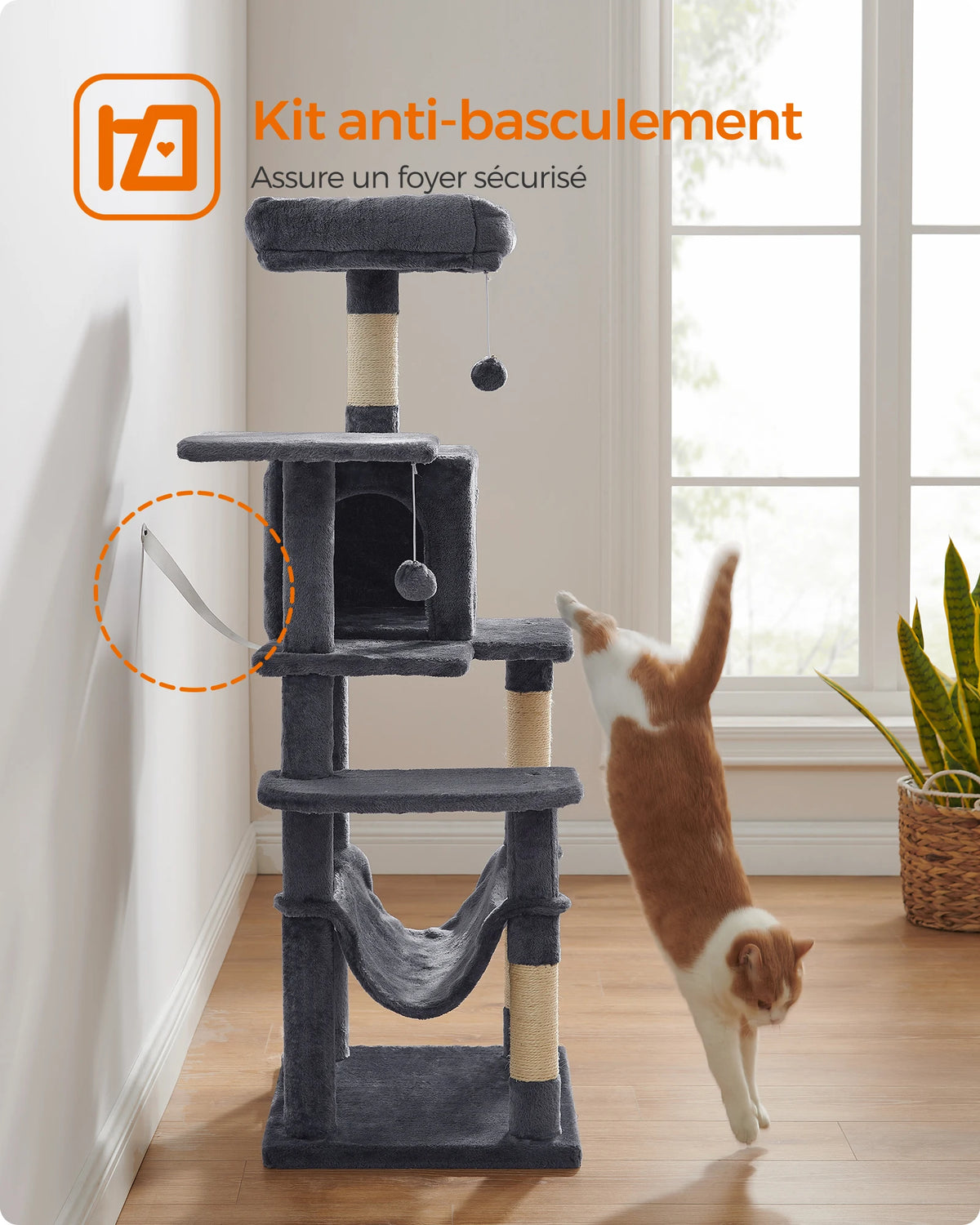 Arbre à chat FEANDREA 143 cm – 2 perchoirs, niche et griffoirs