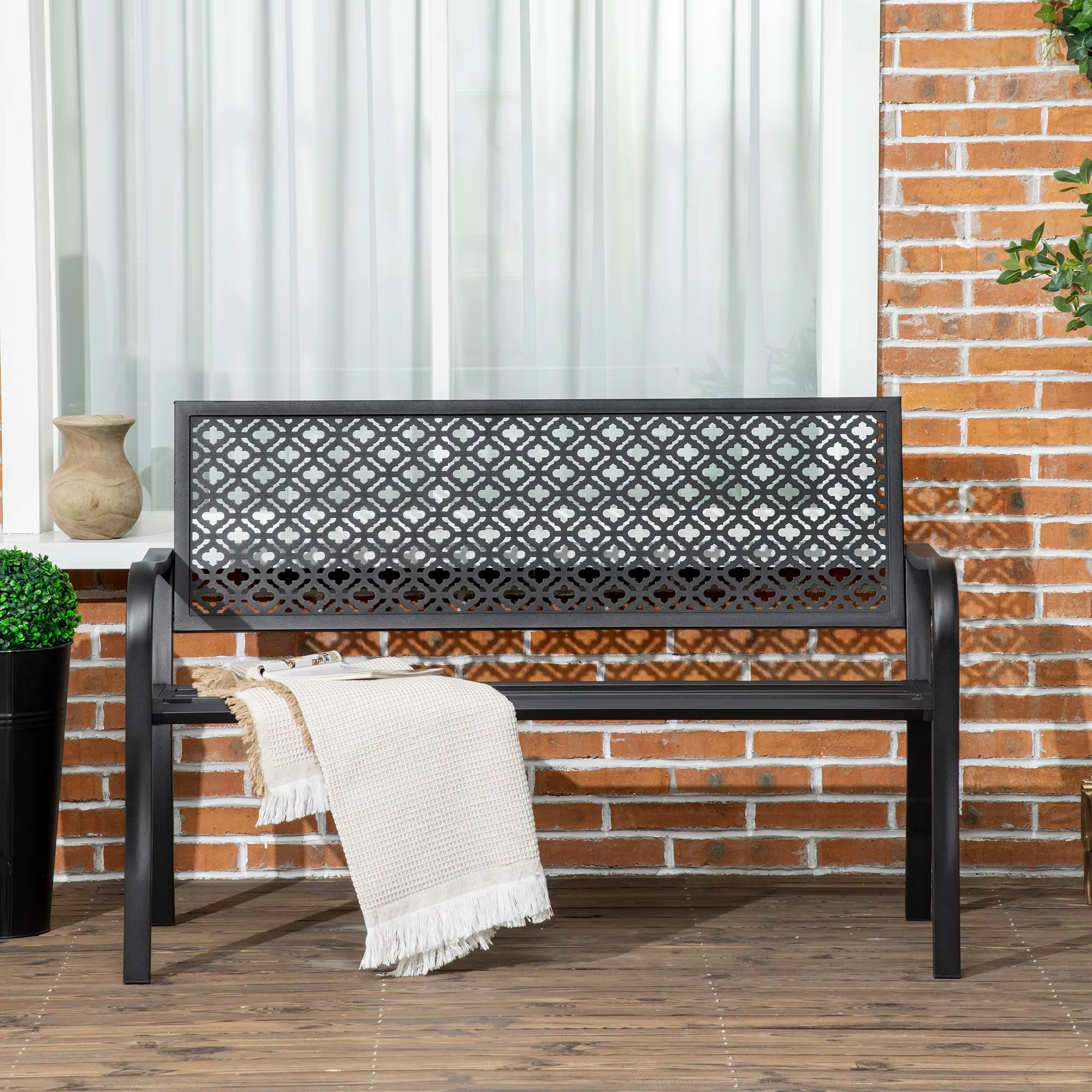 Banc de Jardin en Acier Outsunny avec Dossier Décoratif