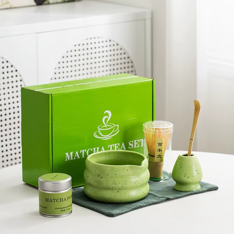 Ensemble Matcha 6 Pièces – Cérémonie du Thé Japonais - Bol Glaçage Sésame Mat