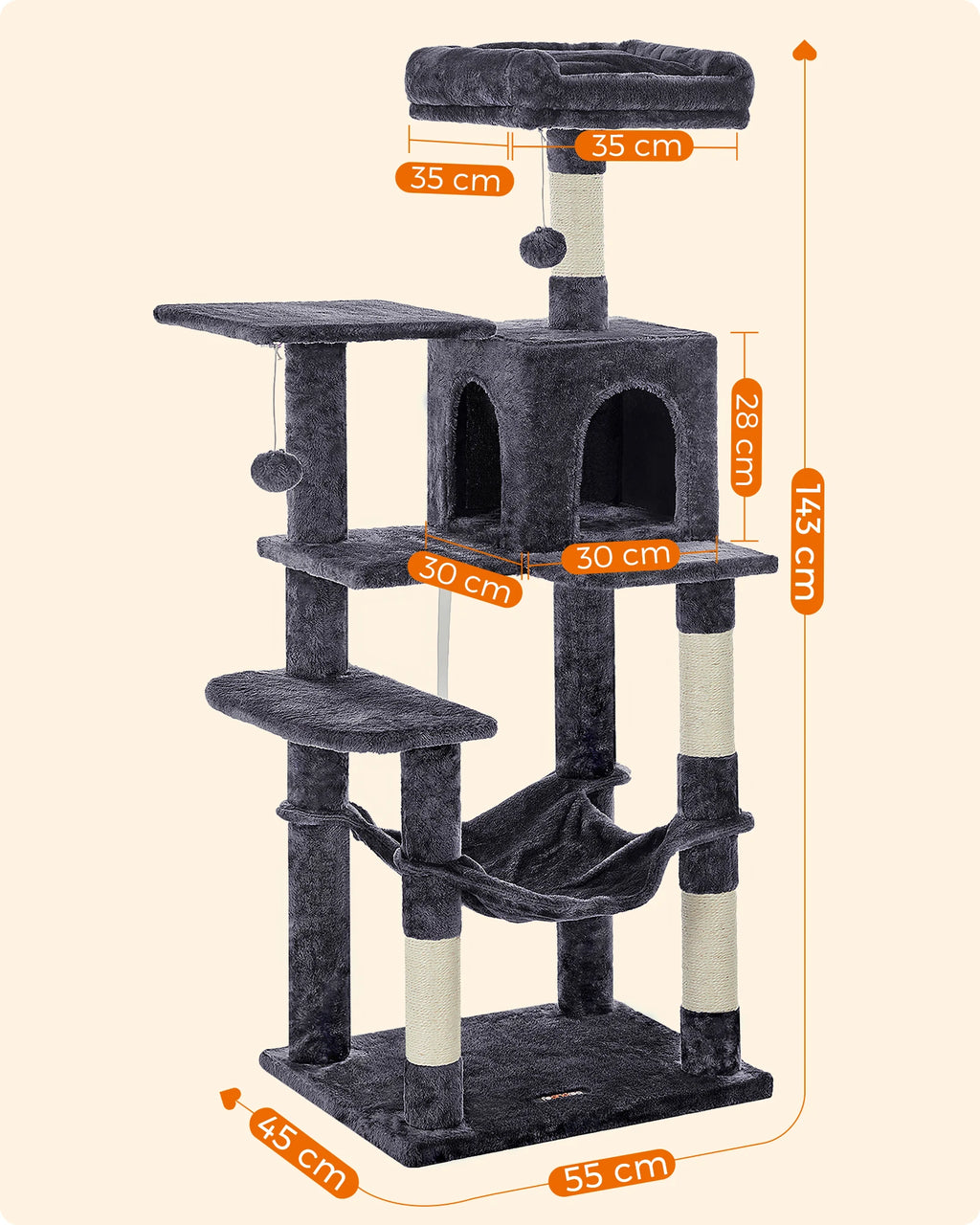 Arbre à chat FEANDREA 143 cm – 2 perchoirs, niche et griffoirs