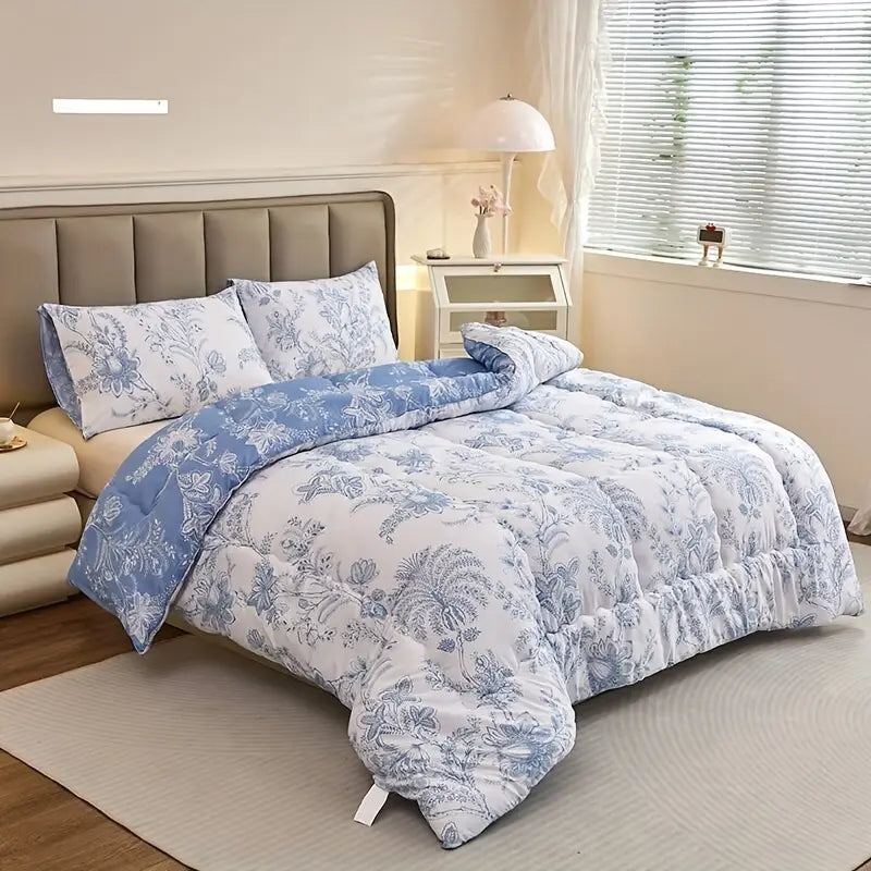 Couverture Réversible Toutes Saisons – Motif Floral Bleu & Blanc