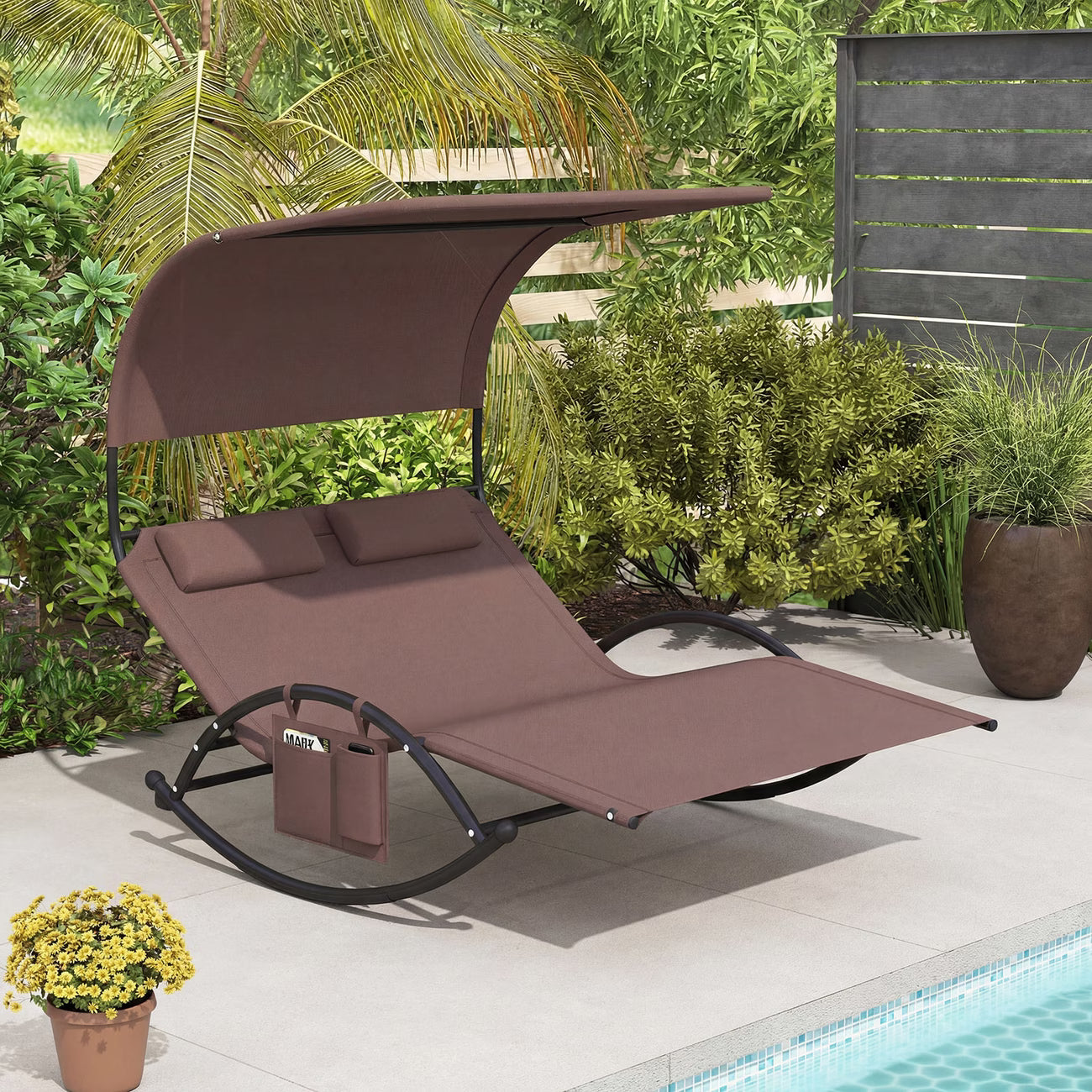 Chaise longue double à bascule avec auvent