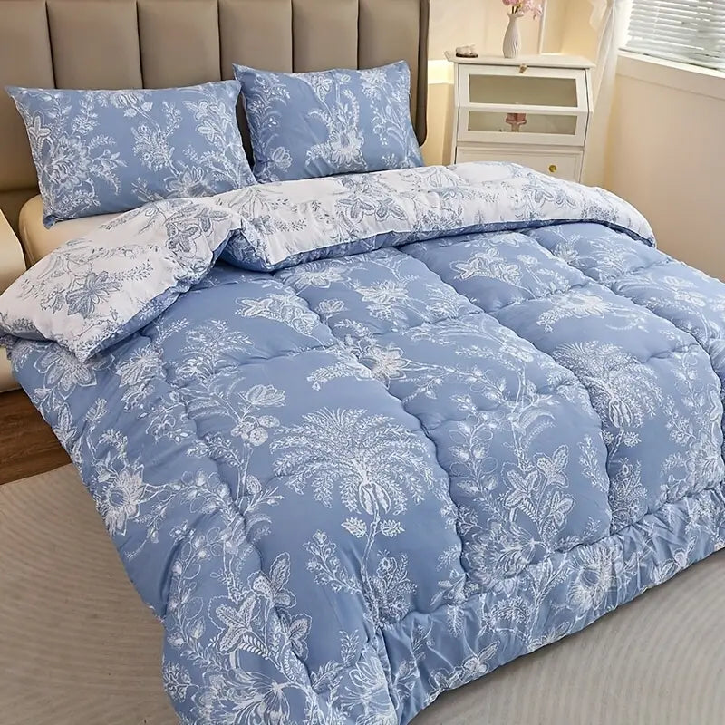 Couverture Réversible Toutes Saisons – Motif Floral Bleu & Blanc