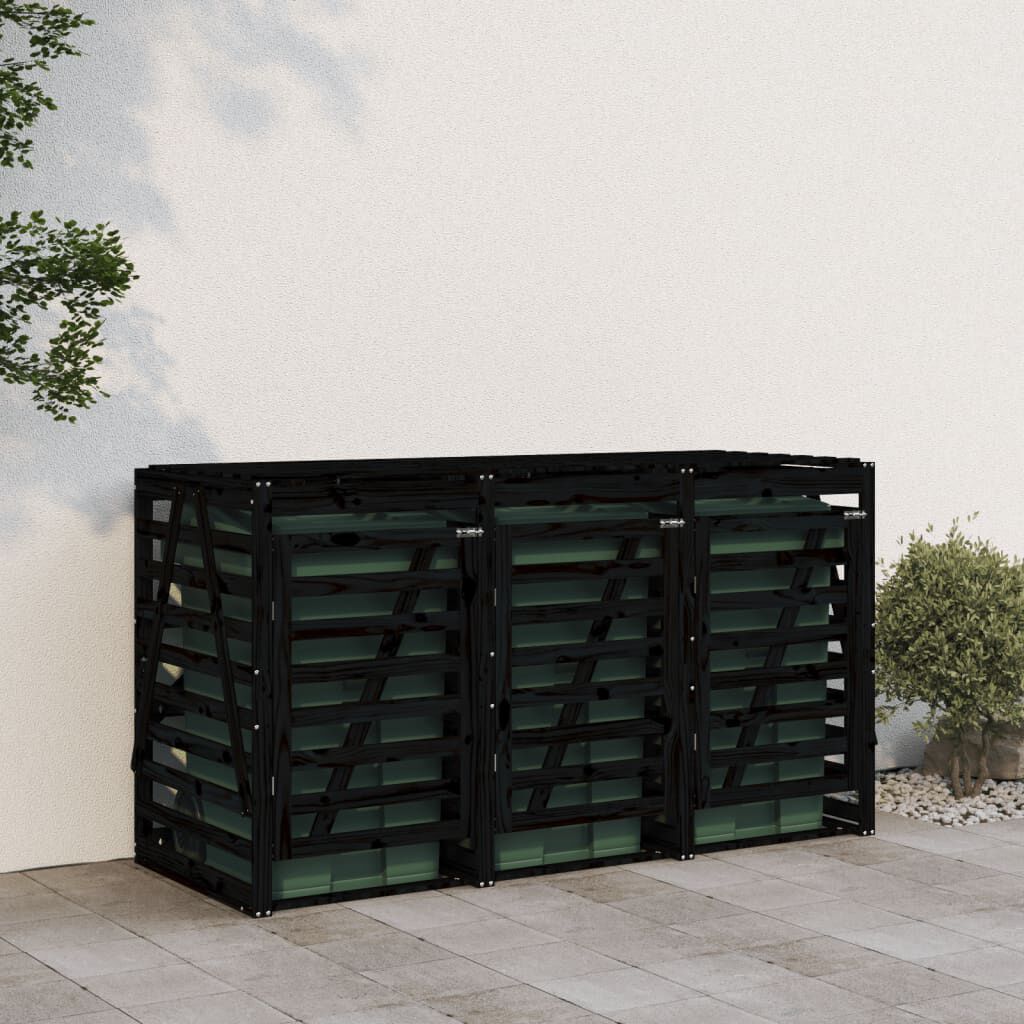 Abri pour poubelles triple en bois - Design ventilé et pratique Bois Noir