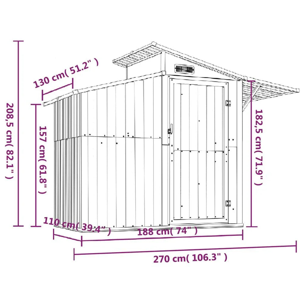 Abri de jardin acier galvanisé 270 × 130 × 208,5cm Gris