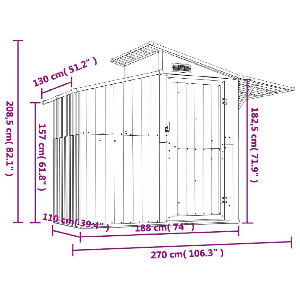 Abri de jardin acier galvanisé 270 × 130 × 208,5cm Noir