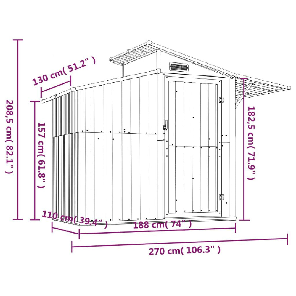 Abri de jardin acier galvanisé 270 × 130 × 208,5cm Marron clair
