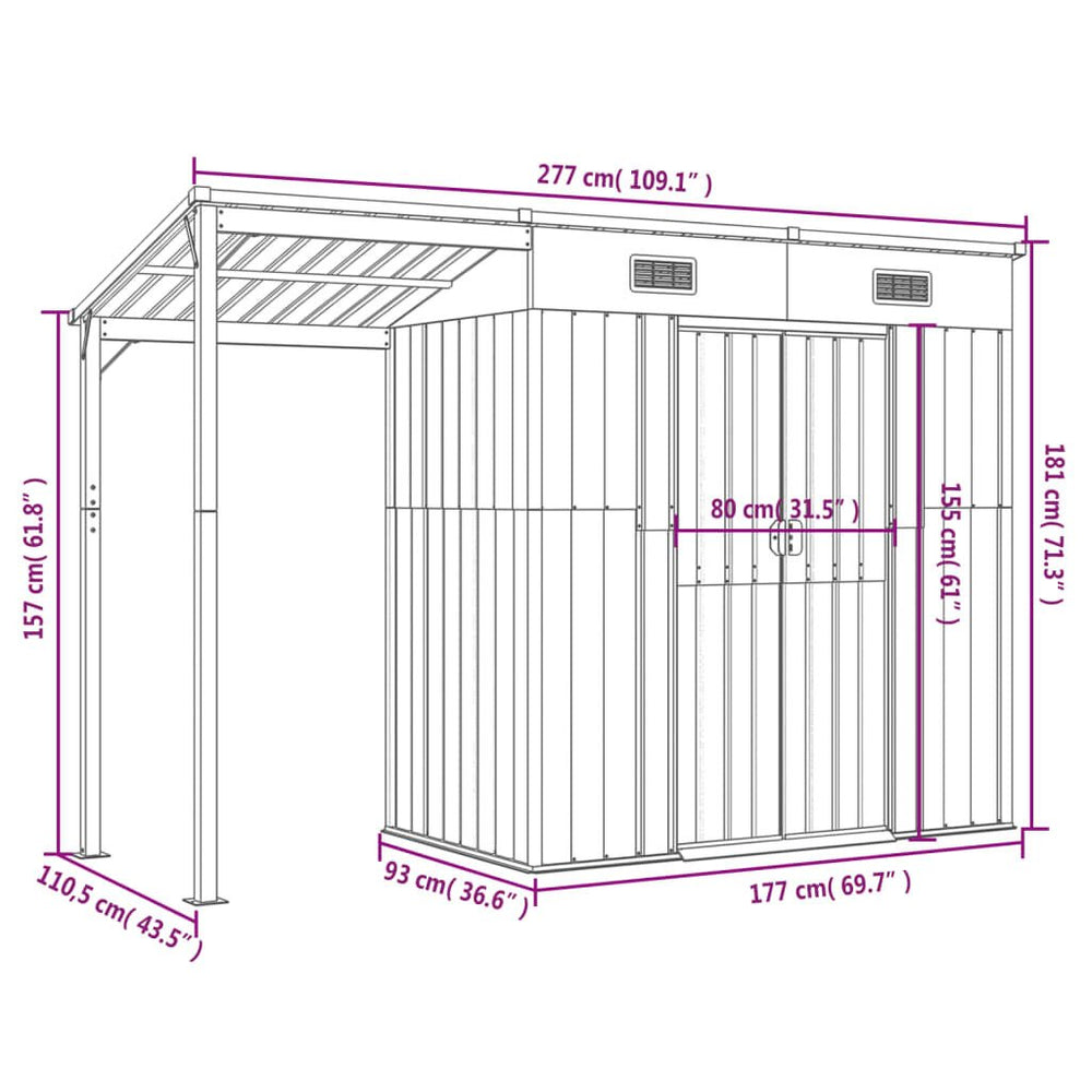 Abri de jardin avec toit prolongé acier anthracite 277 × 110cm Gris