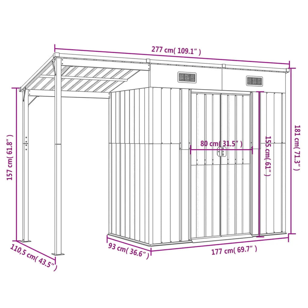 Abri de jardin avec toit prolongé acier anthracite 277 × 110cm Marron