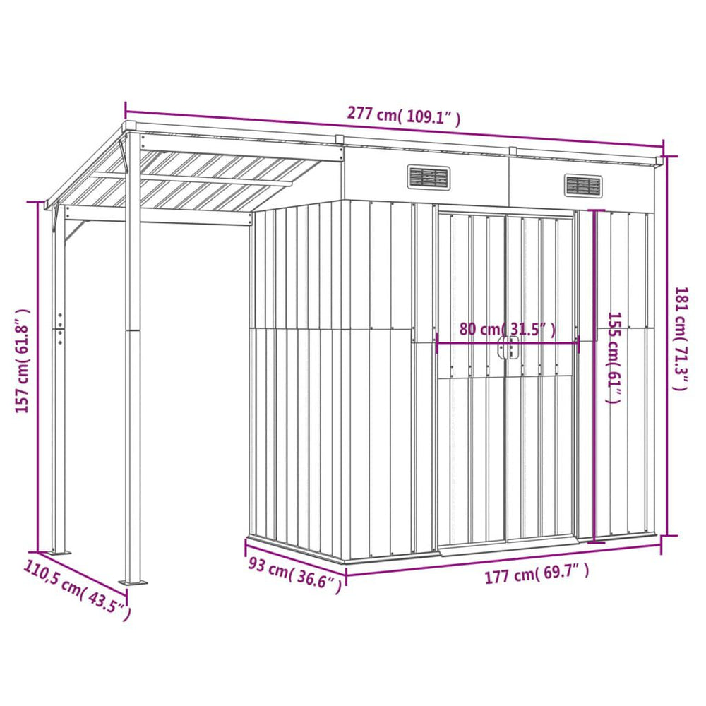 Abri de jardin anthracite avec toit prolongé 277 × 110,5 × 181 cm Gris