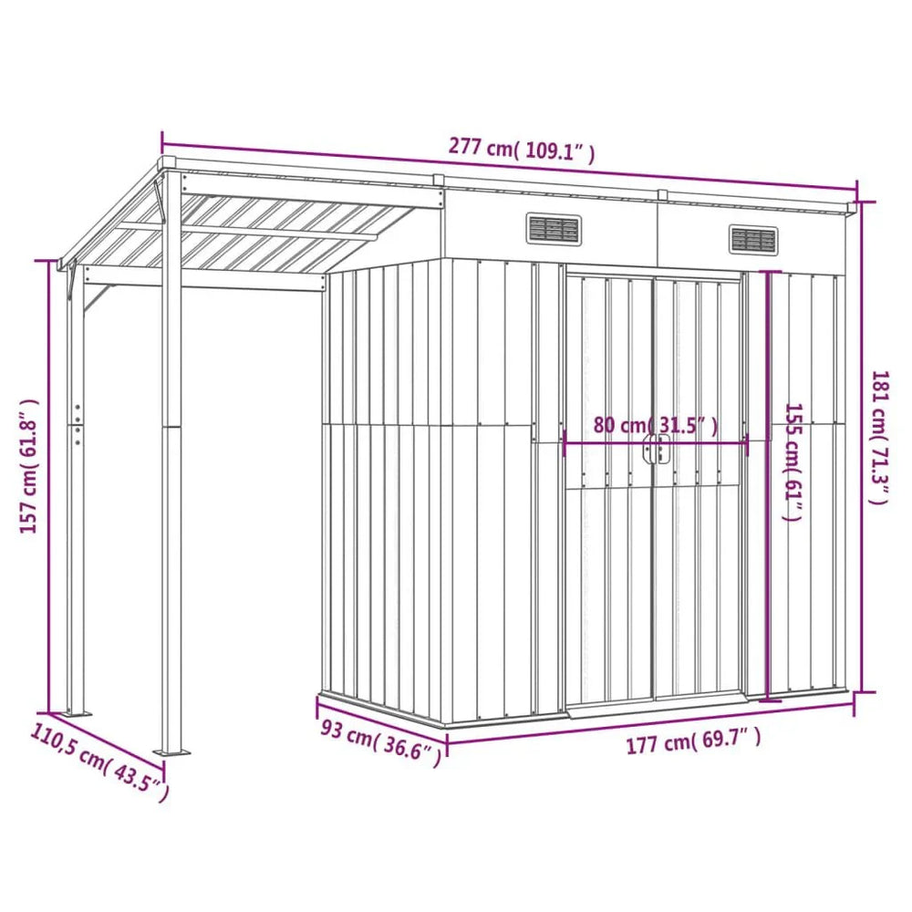 Abri de jardin avec toit prolongé 277 × 110,5 × 181 cm Vert