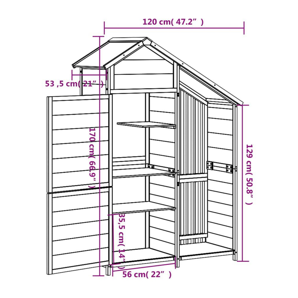 Abri à outils de jardin moka 120 × 53,5 × 170 cm en bois massif Café