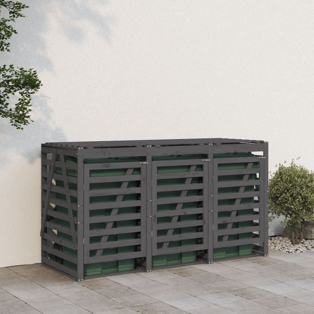 Abri pour poubelles triple en bois - Design ventilé et pratique Bois Gris