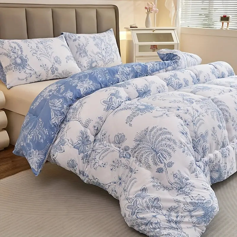 Couverture Réversible Toutes Saisons – Motif Floral Bleu & Blanc