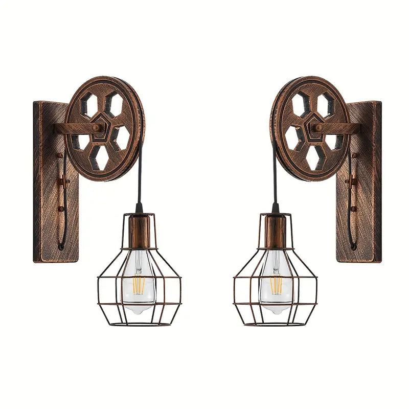 Lot de 2 Appliques Murales Industrielles Vintage – Design Roue en Métal & Bois