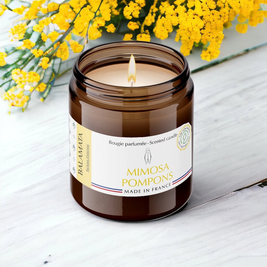 Bougie Parfumée avec Pommadier. 140G - Mimosa Pompons - Balamata