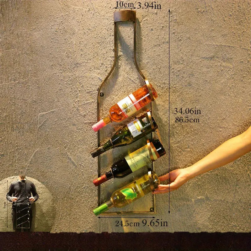 Étagère à Vin Murale Vintage en Bronze – 4 Bouteilles