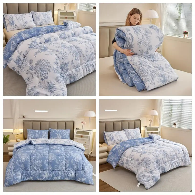 Couverture Réversible Toutes Saisons – Motif Floral Bleu & Blanc