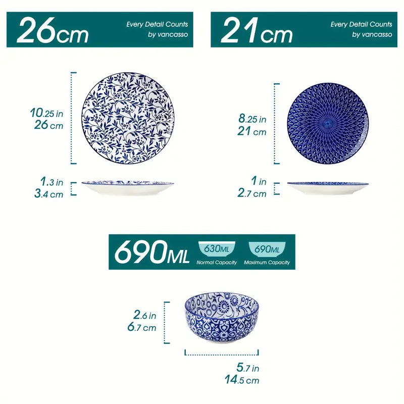 Service de Table 12 Pièces en Porcelaine Bleu et Blanc – Motifs Floraux Élégants