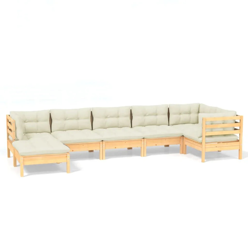 Salon de jardin 7 pcs bois de pin massif & coussins Marron et Crème
