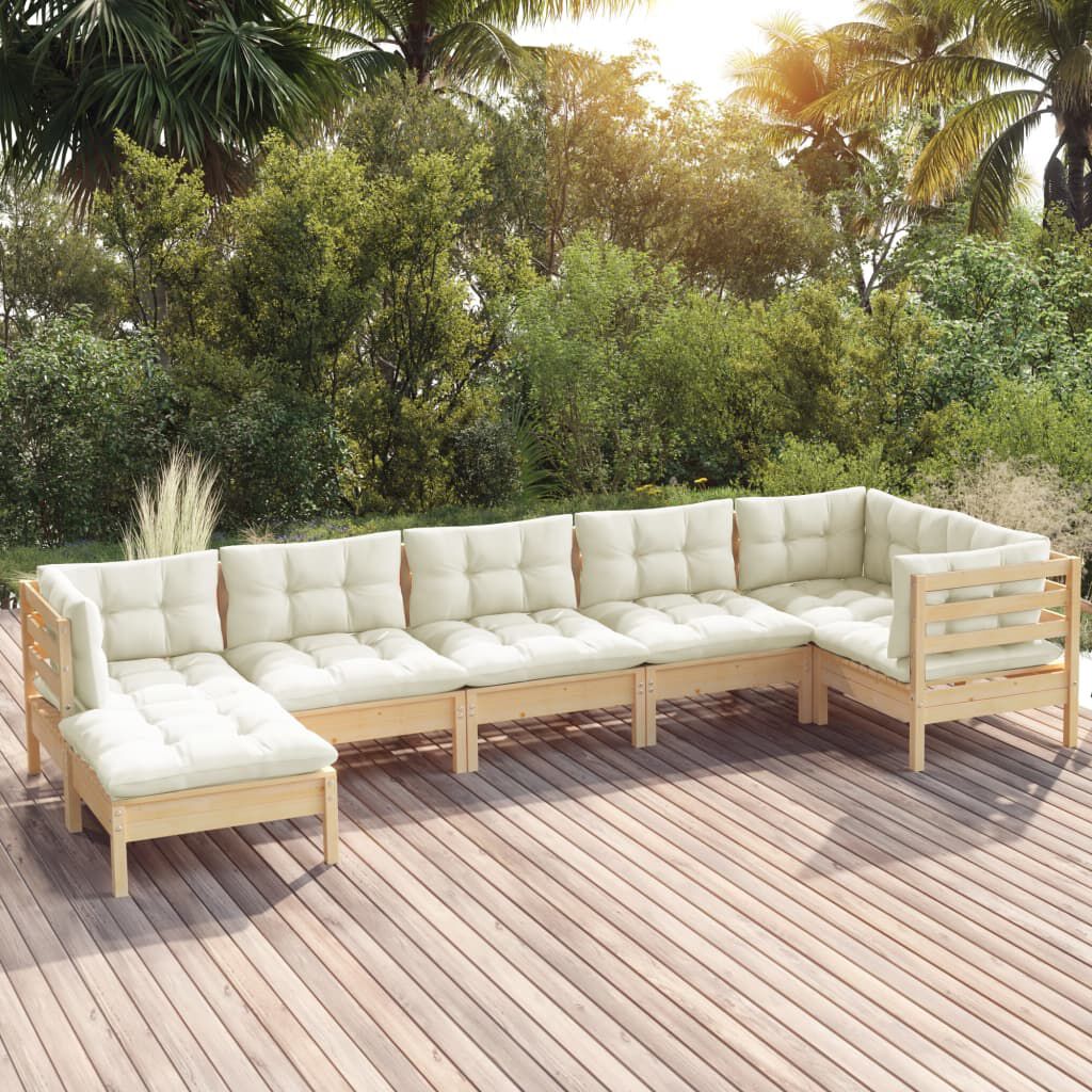 Salon de jardin 7 pcs bois de pin massif & coussins Marron et Crème