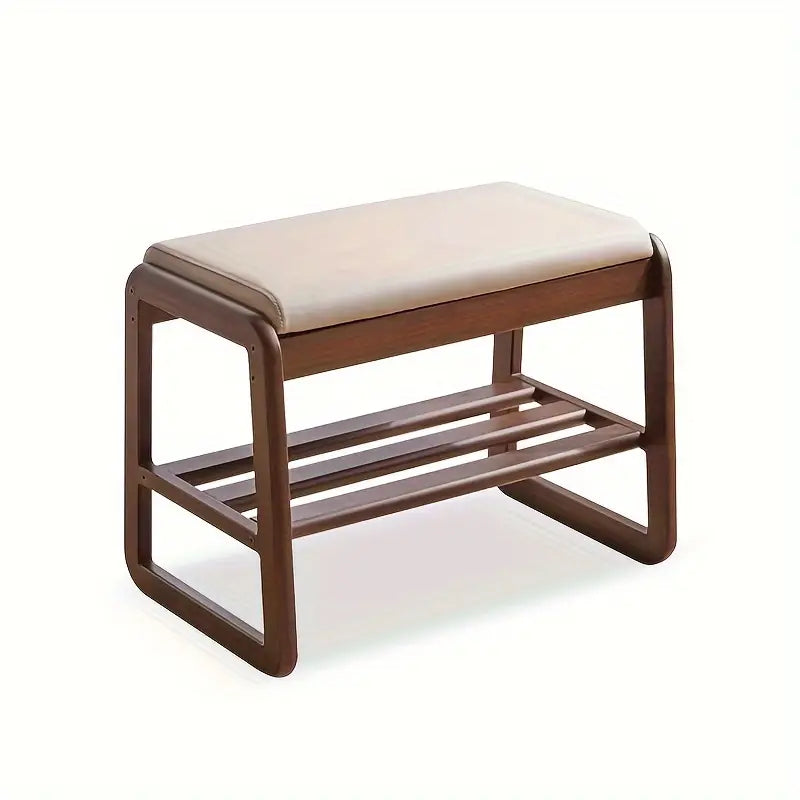 Banquette d'Entrée en Bois Massif de Style Vintage avec Pouf en Similicuir