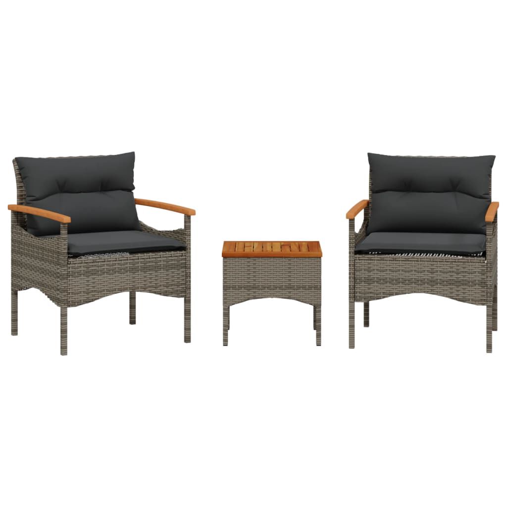 Salon de jardin 3 pcs résine tressée noir avec coussins Gris