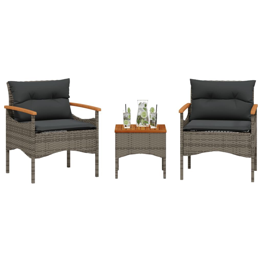 Salon de jardin 3 pcs résine tressée noir avec coussins Gris