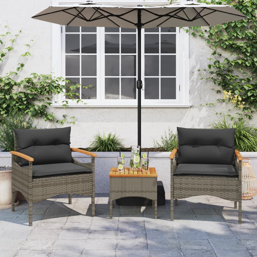 Salon de jardin 3 pcs résine tressée noir avec coussins Gris